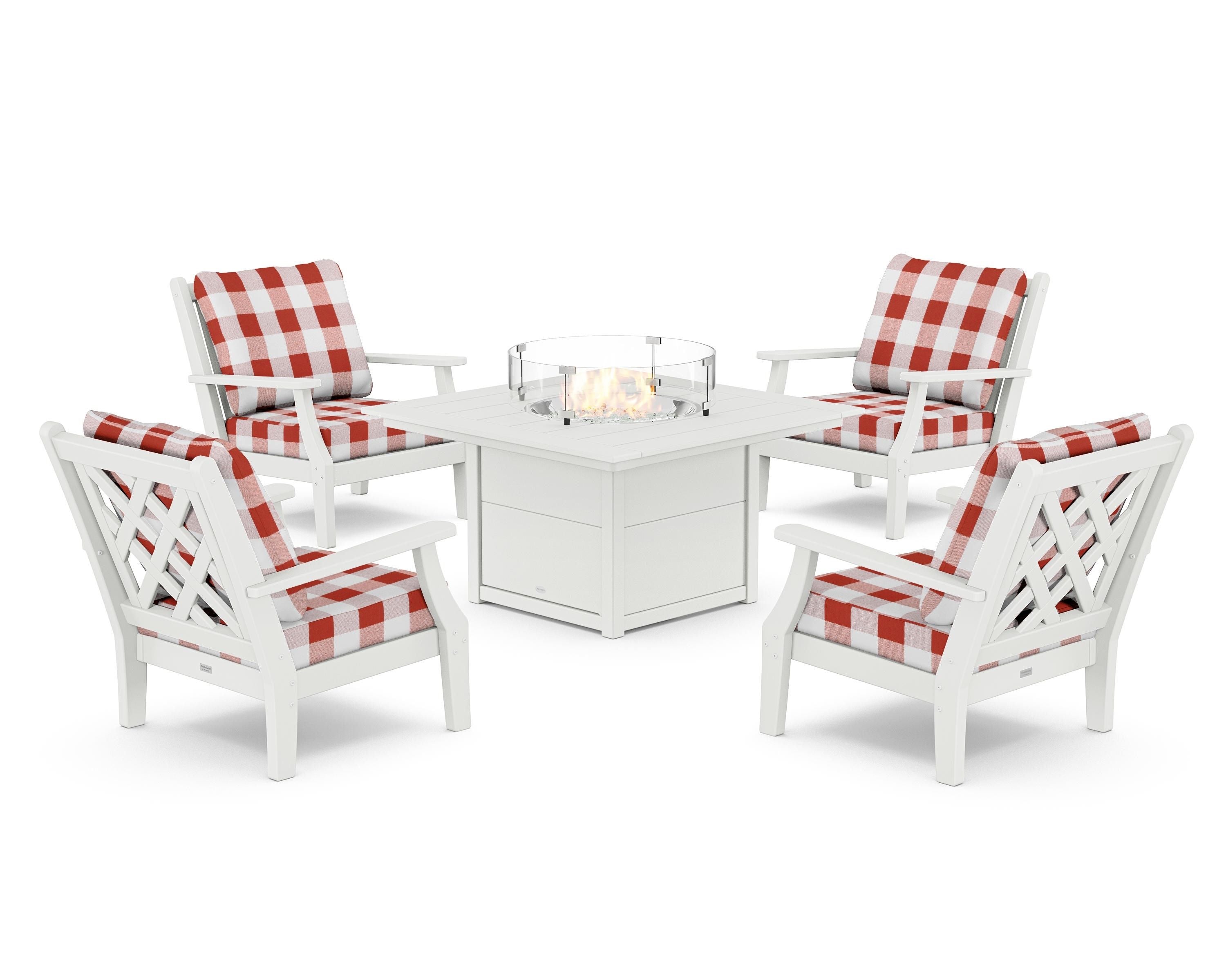 Country Living Wovendale 5-Piece Deep Seating Set with Fire Pit Table in White / Buffalo Plaid Crimson