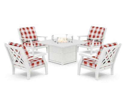 Country Living Wovendale 5-Piece Deep Seating Set with Fire Pit Table in White / Buffalo Plaid Crimson