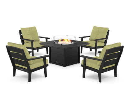 POLYWOOD® Lakeside 5-Piece Deep Seating Set with Nautical Fire Pit Table in Black / Chartreuse Boucle