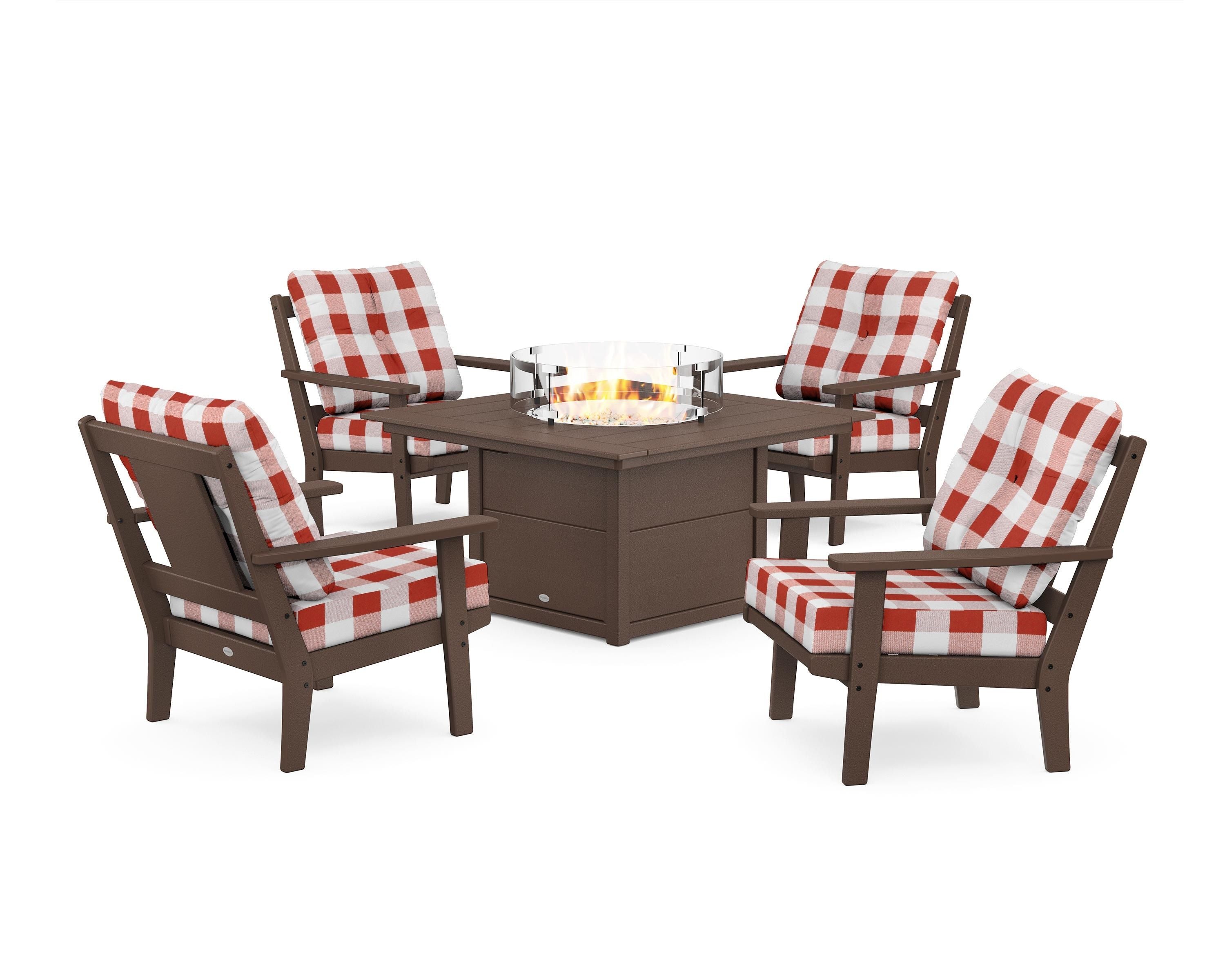 POLYWOOD® Prairie 5-Piece Deep Seating Set with Fire Pit Table in Mahogany / Buffalo Plaid Crimson