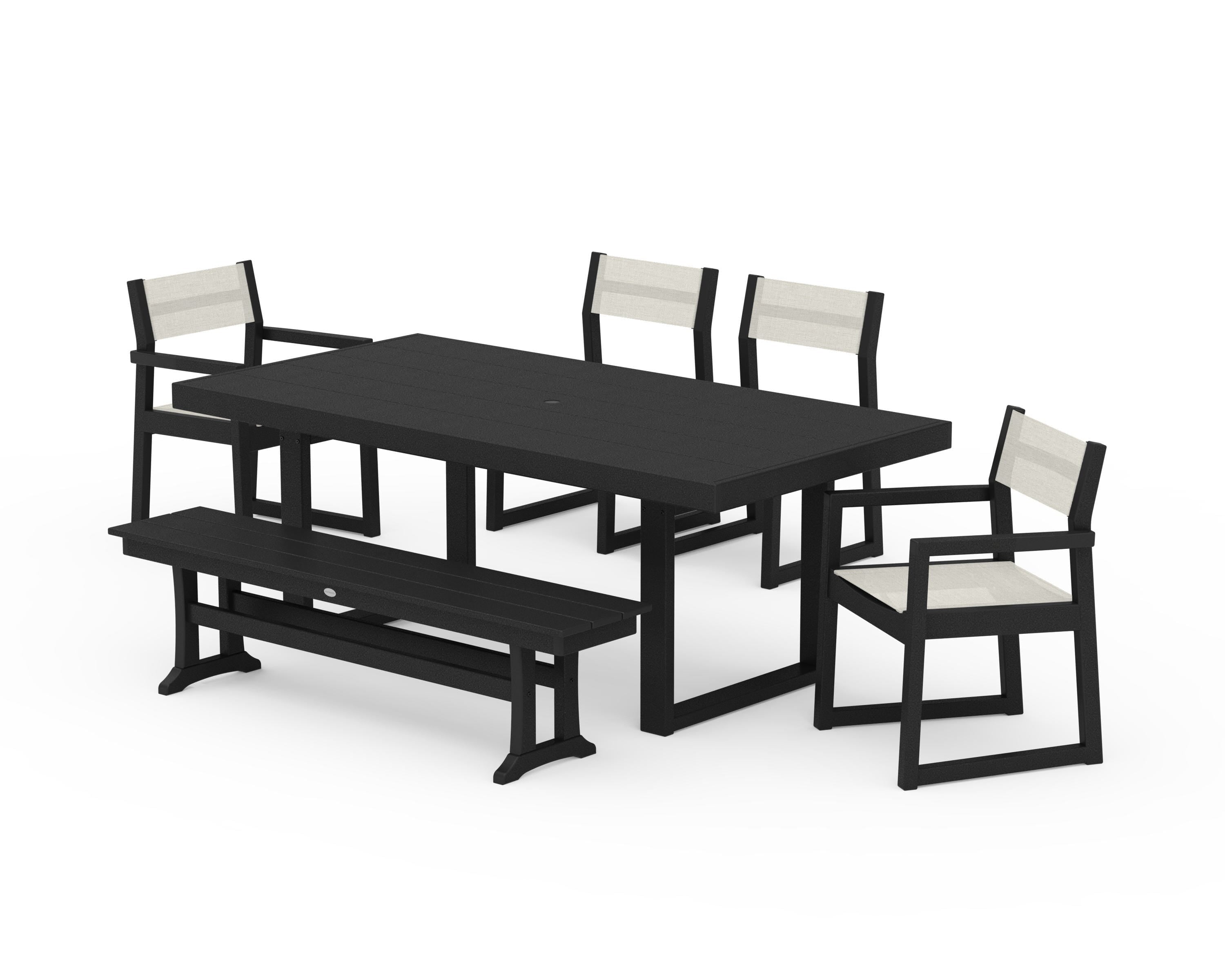 POLYWOOD® EDGE Sling 6-Piece Dining Set with Bench in Black / Parchment Sling