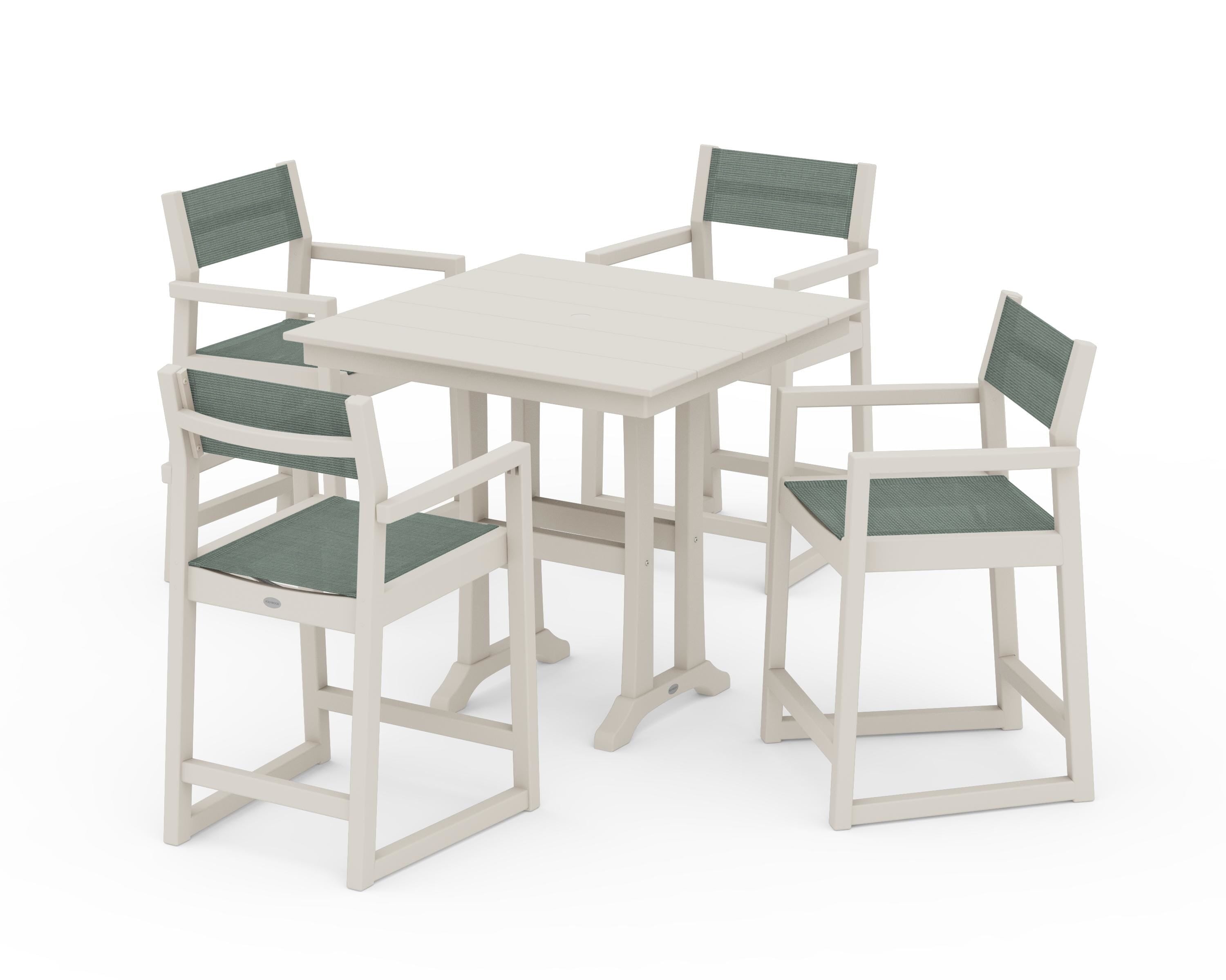 POLYWOOD® EDGE Sling Arm Chair 5-Piece Farmhouse Counter Set with Trestle Legs in Sand / Dupioni Sea Mist Sling