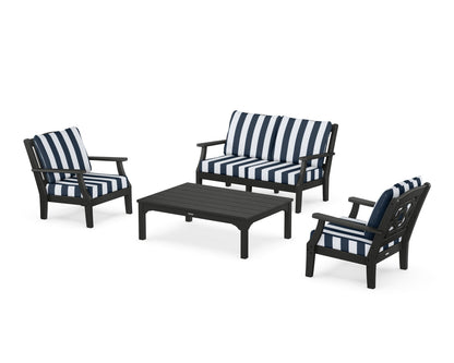 Martha Stewart by POLYWOOD® Chinoiserie 4-Piece Deep Seating Set with Loveseat in Black / Cabana Stripe Marine Indigo