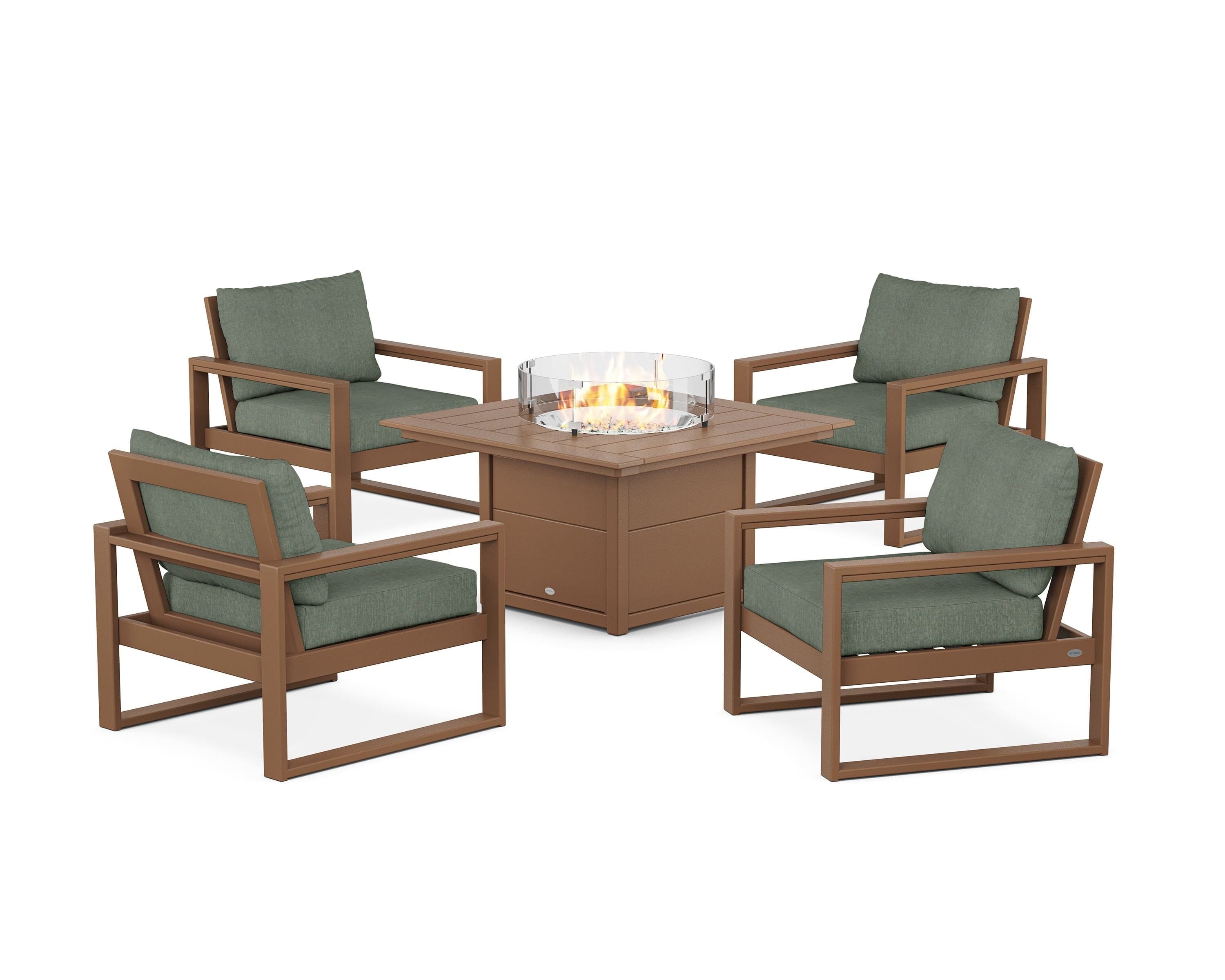 POLYWOOD® EDGE Sectional 5-Piece Deep Seating Set with Fire Pit Table in Teak / Cast Sage