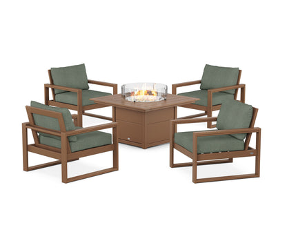 POLYWOOD® EDGE Sectional 5-Piece Deep Seating Set with Fire Pit Table in Teak / Cast Sage