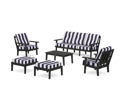 POLYWOOD® Oxford 6-Piece Lounge Sofa Set in Black / Cabana Stripe Navy