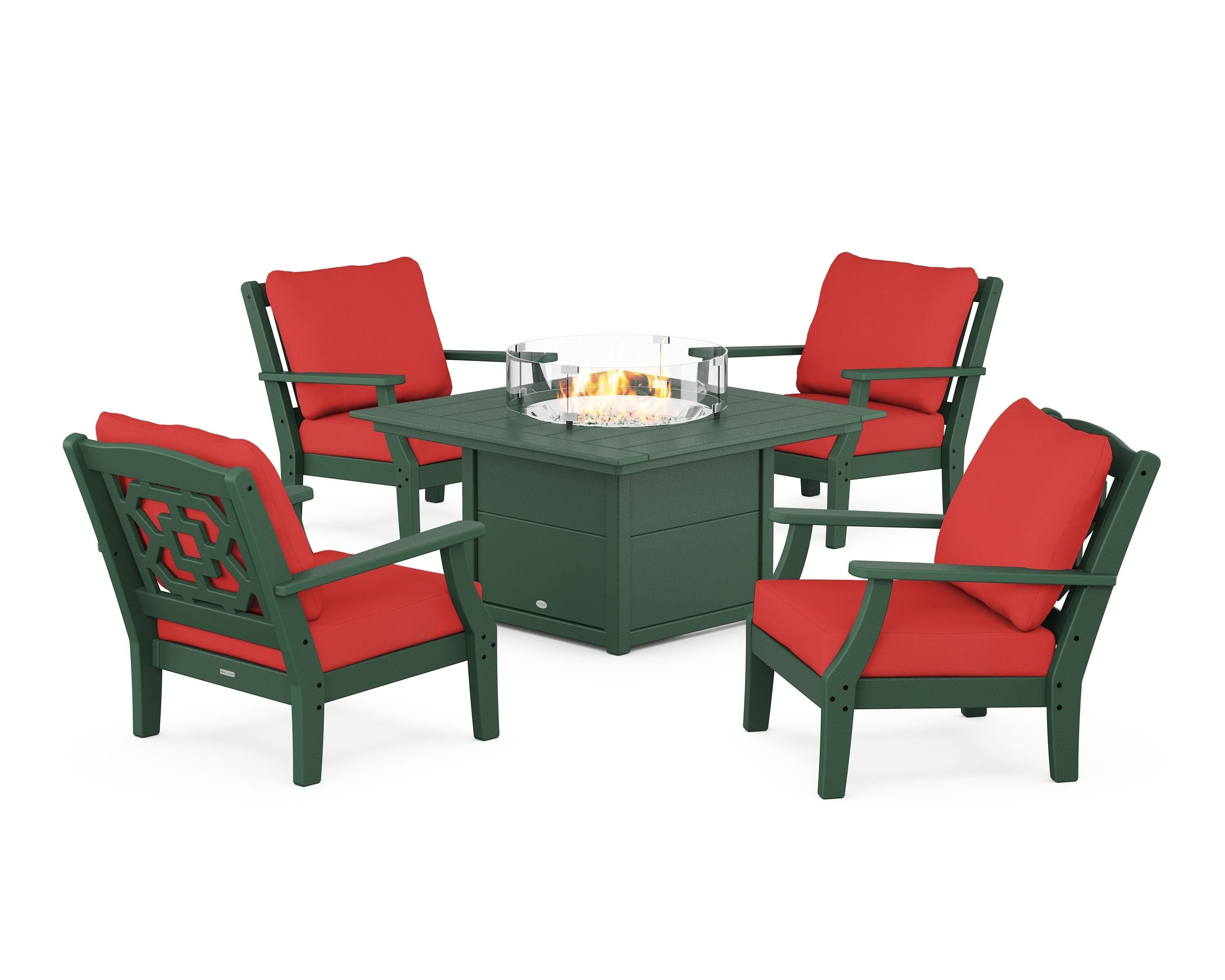 Martha Stewart by POLYWOOD® Chinoiserie 5-Piece Deep Seating Set with Fire Pit Table in Green / Crimson Linen