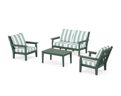 POLYWOOD® Chippendale 4-Piece Deep Seating Set with Loveseat in Green / Cabana Stripe Glacier Spa