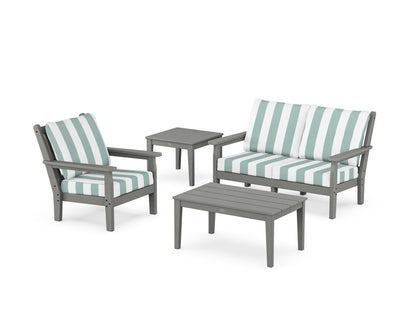 POLYWOOD® Chippendale 4-Piece Deep Seating Set in Slate Grey / Cabana Stripe Glacier Spa