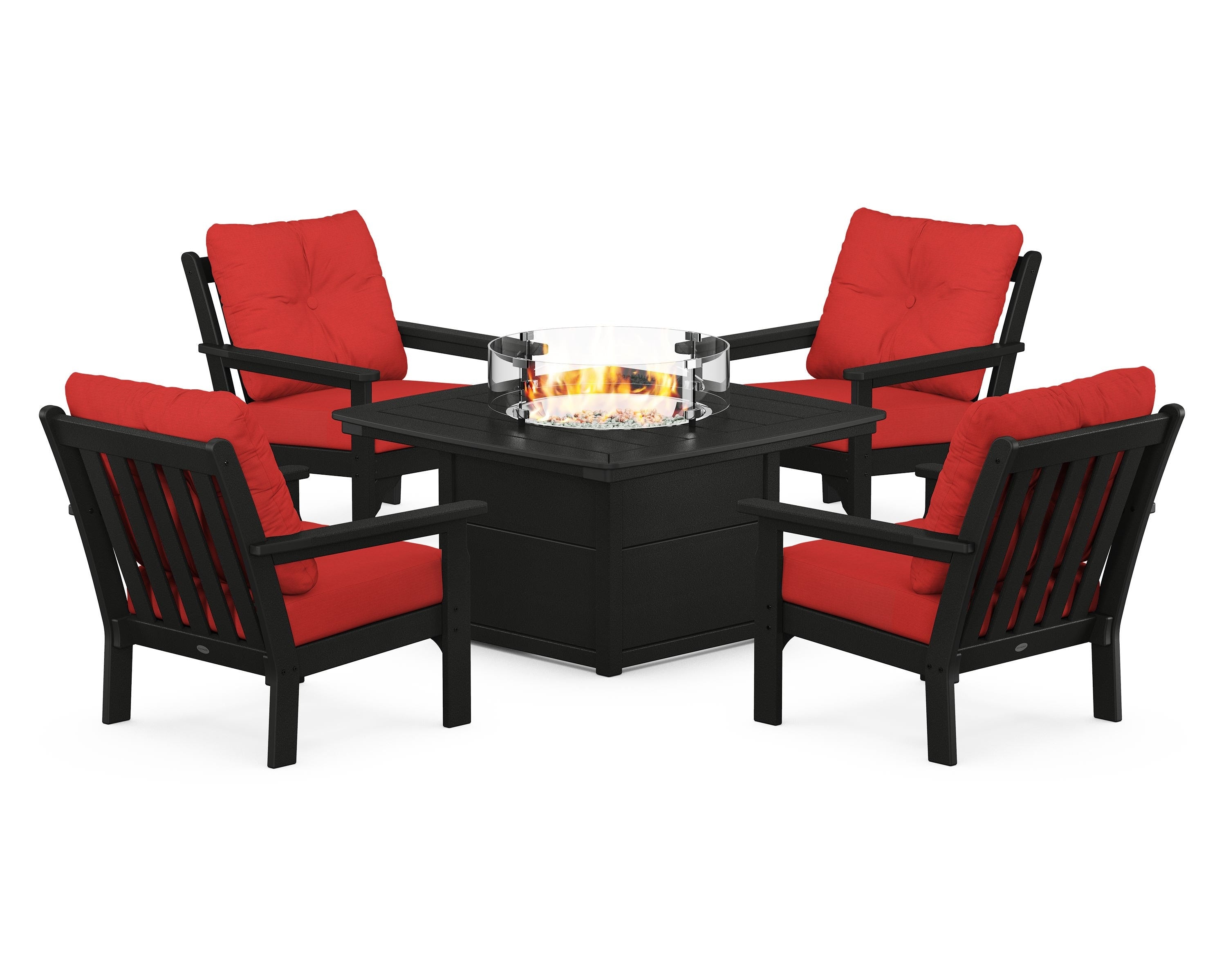 POLYWOOD® Vineyard 5-Piece Conversation Set with Fire Pit Table in Black / Crimson Linen