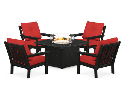 POLYWOOD® Vineyard 5-Piece Conversation Set with Fire Pit Table in Black / Crimson Linen
