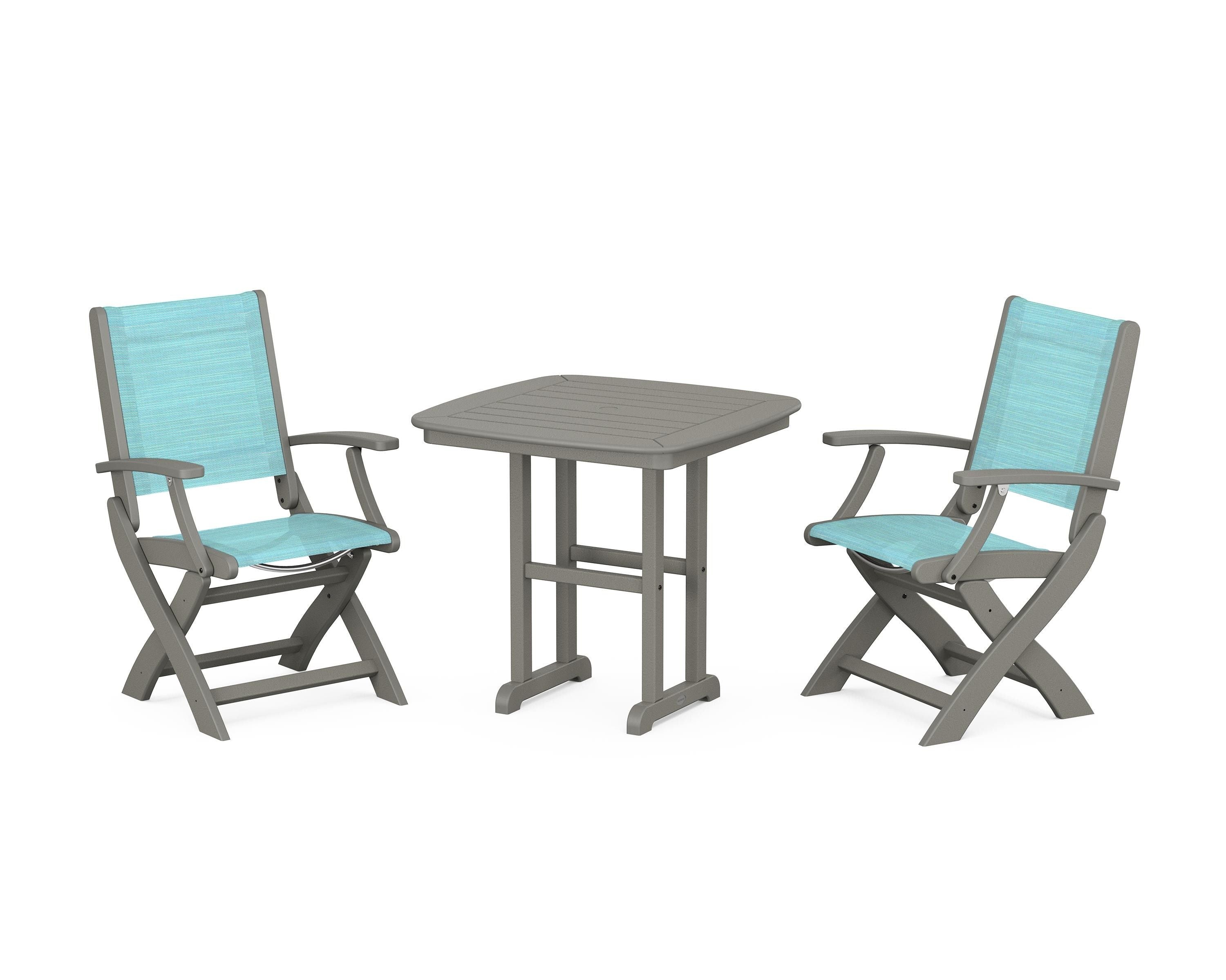 POLYWOOD® Coastal Folding Chair 3-Piece Dining Set in Slate Grey / Dupioni Aquamarine Sling