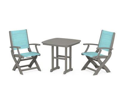 POLYWOOD® Coastal Folding Chair 3-Piece Dining Set in Slate Grey / Dupioni Aquamarine Sling
