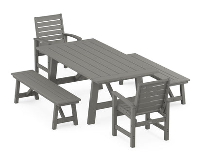 POLYWOOD® Signature 5-Piece Rustic Farmhouse Dining Set With Benches in Slate Grey