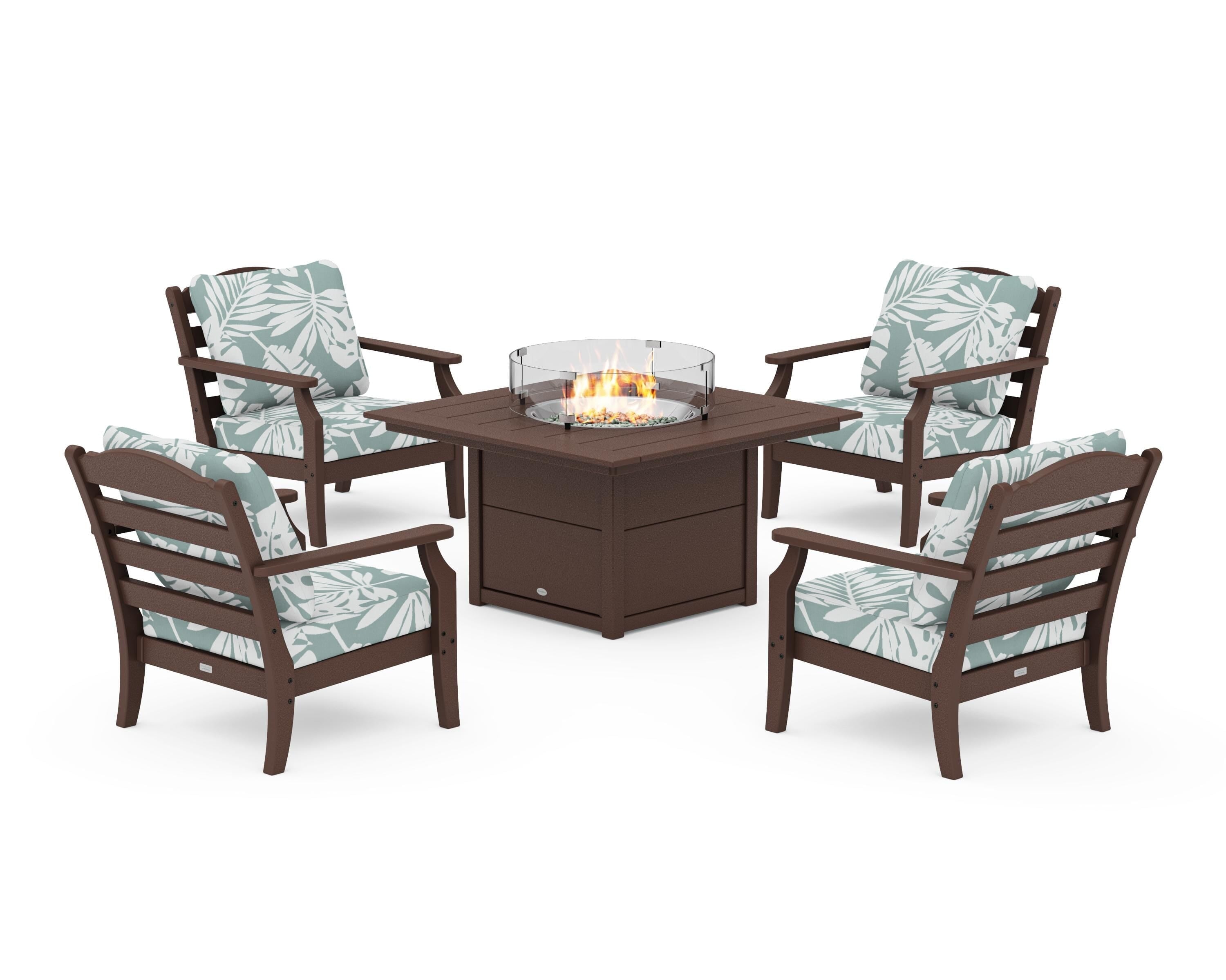 Draper James™ by  POLYWOOD® Savannah 5-Piece Deep Seating Set with Fire Pit Table in Mahogany / Leaf Glacier Spa