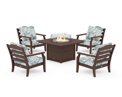Draper James™ by  POLYWOOD® Savannah 5-Piece Deep Seating Set with Fire Pit Table in Mahogany / Leaf Glacier Spa