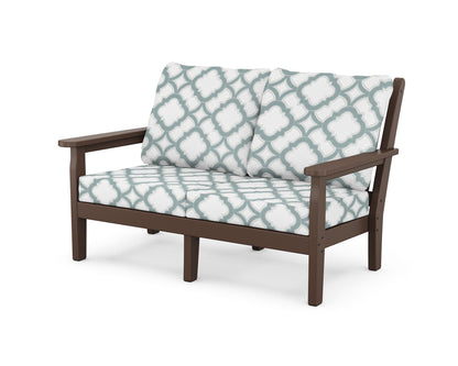 POLYWOOD® Chippendale Deep Seating Loveseat in Mahogany / Trellis Glacier Spa