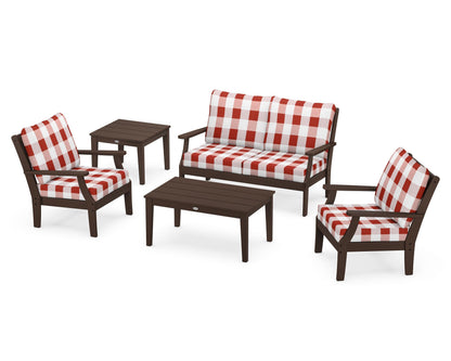 POLYWOOD® Braxton 5-Piece Deep Seating Set in Mahogany / Buffalo Plaid Crimson