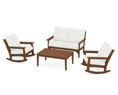 POLYWOOD® Vineyard 4-Piece Deep Seating Rocking Chair Set in Teak / Natural Linen