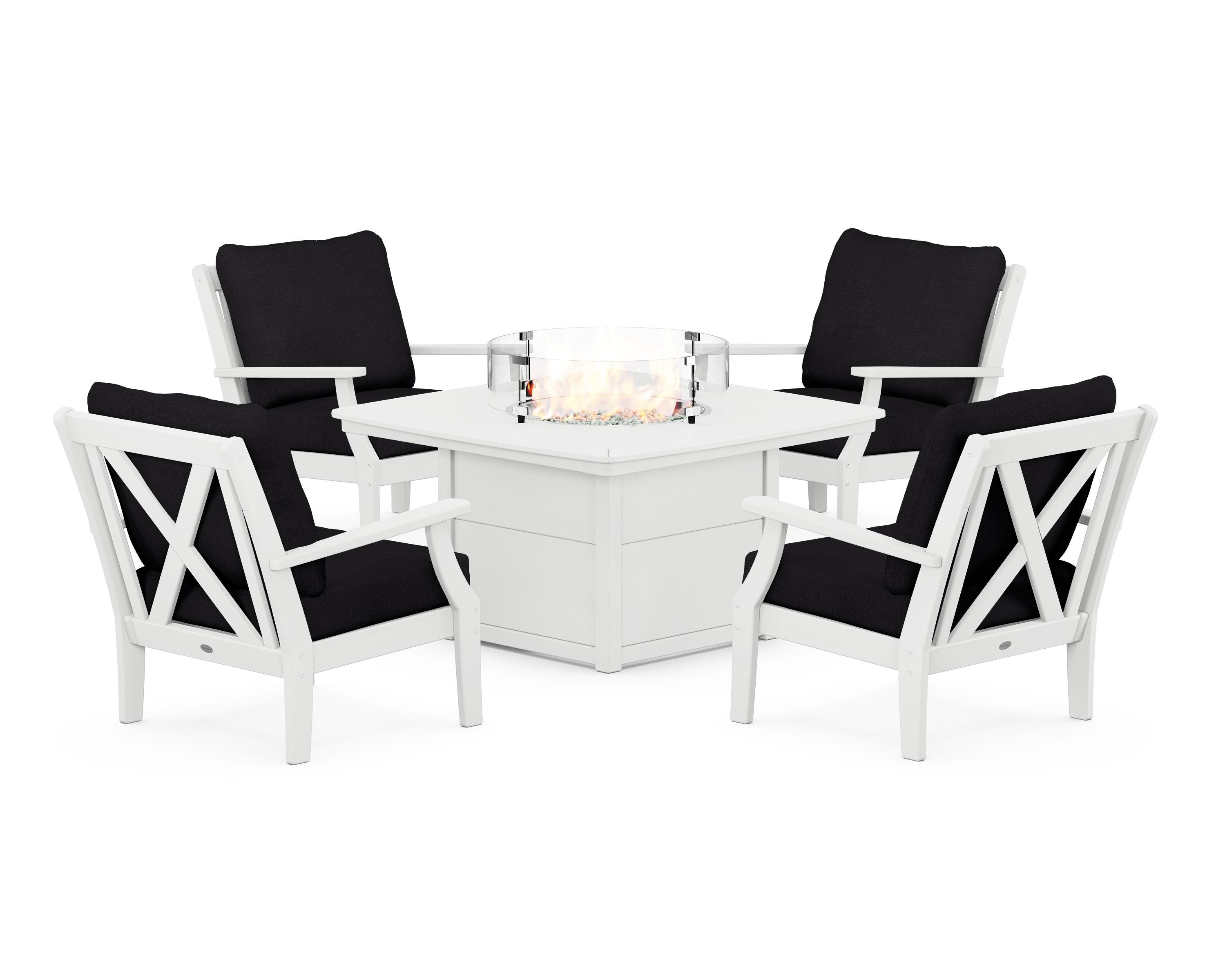 POLYWOOD® Braxton 5-Piece Deep Seating Conversation Set with Fire Pit Table in White / Midnight Linen