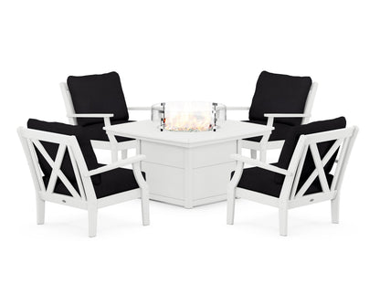 POLYWOOD® Braxton 5-Piece Deep Seating Conversation Set with Fire Pit Table in White / Midnight Linen