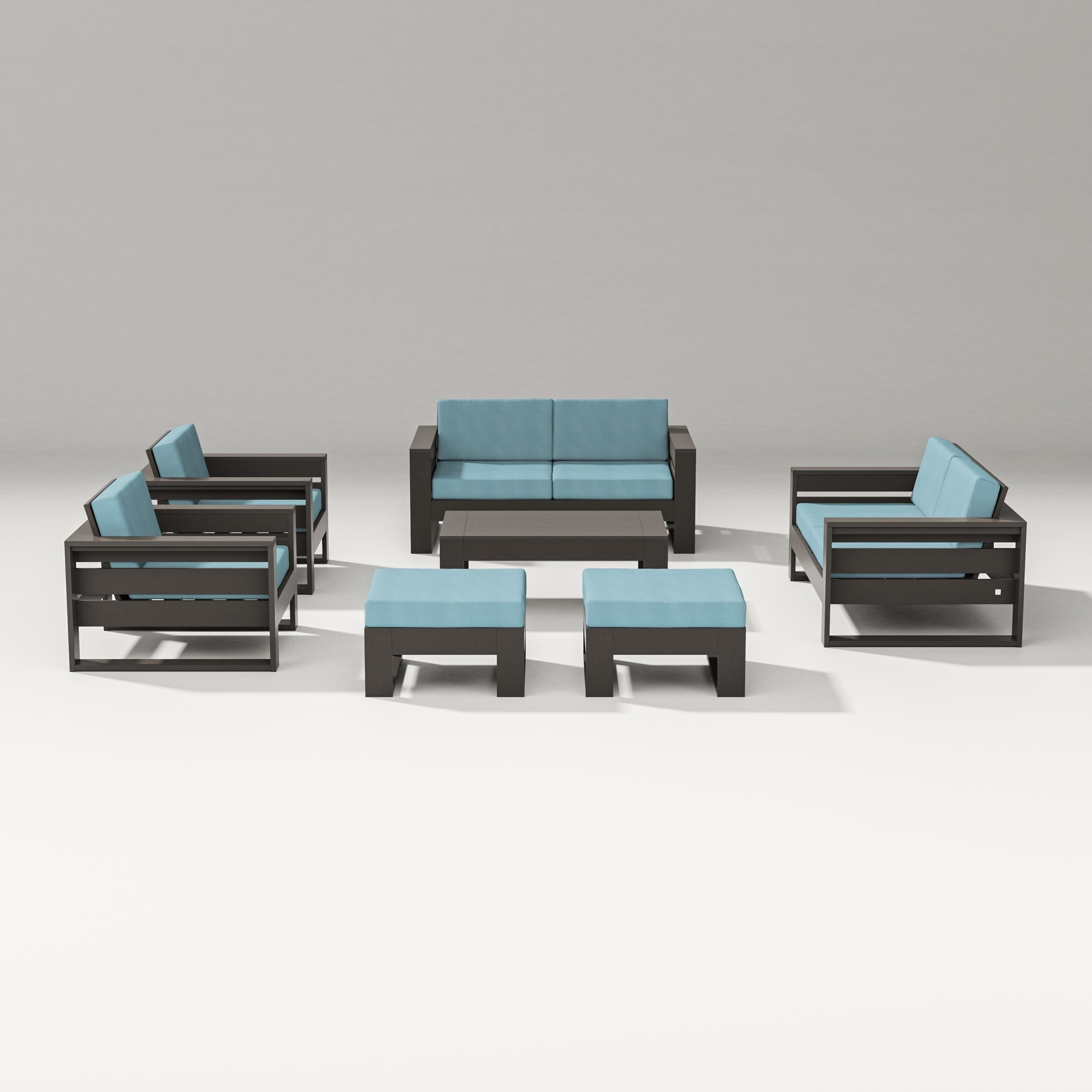PW Designer Series Latitude 7-Piece Lounge Loveseat Set in Vintage Coffee / Lattice Sky Blue