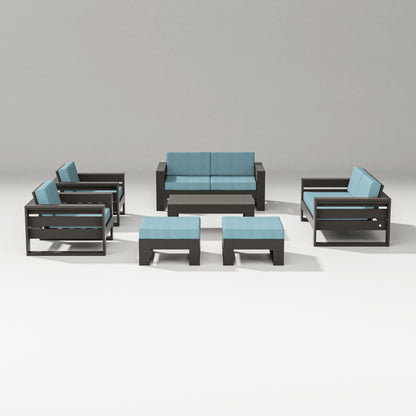 PW Designer Series Latitude 7-Piece Lounge Loveseat Set in Vintage Coffee / Lattice Sky Blue