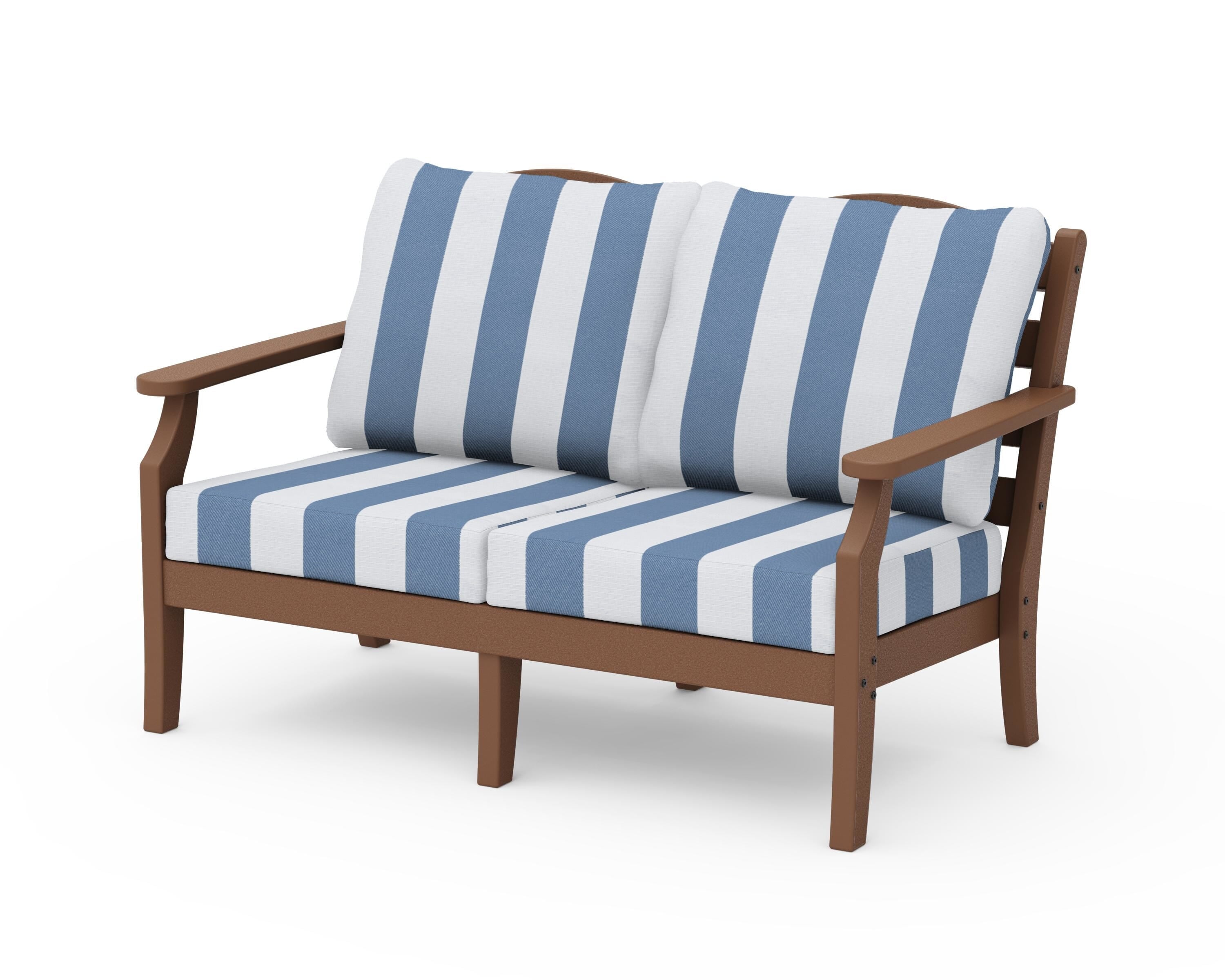Draper James™ by  POLYWOOD® Savannah Deep Seating Loveseat in Teak / Cabana Stripe Sky Blue