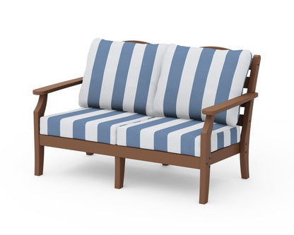 Draper James™ by  POLYWOOD® Savannah Deep Seating Loveseat in Teak / Cabana Stripe Sky Blue