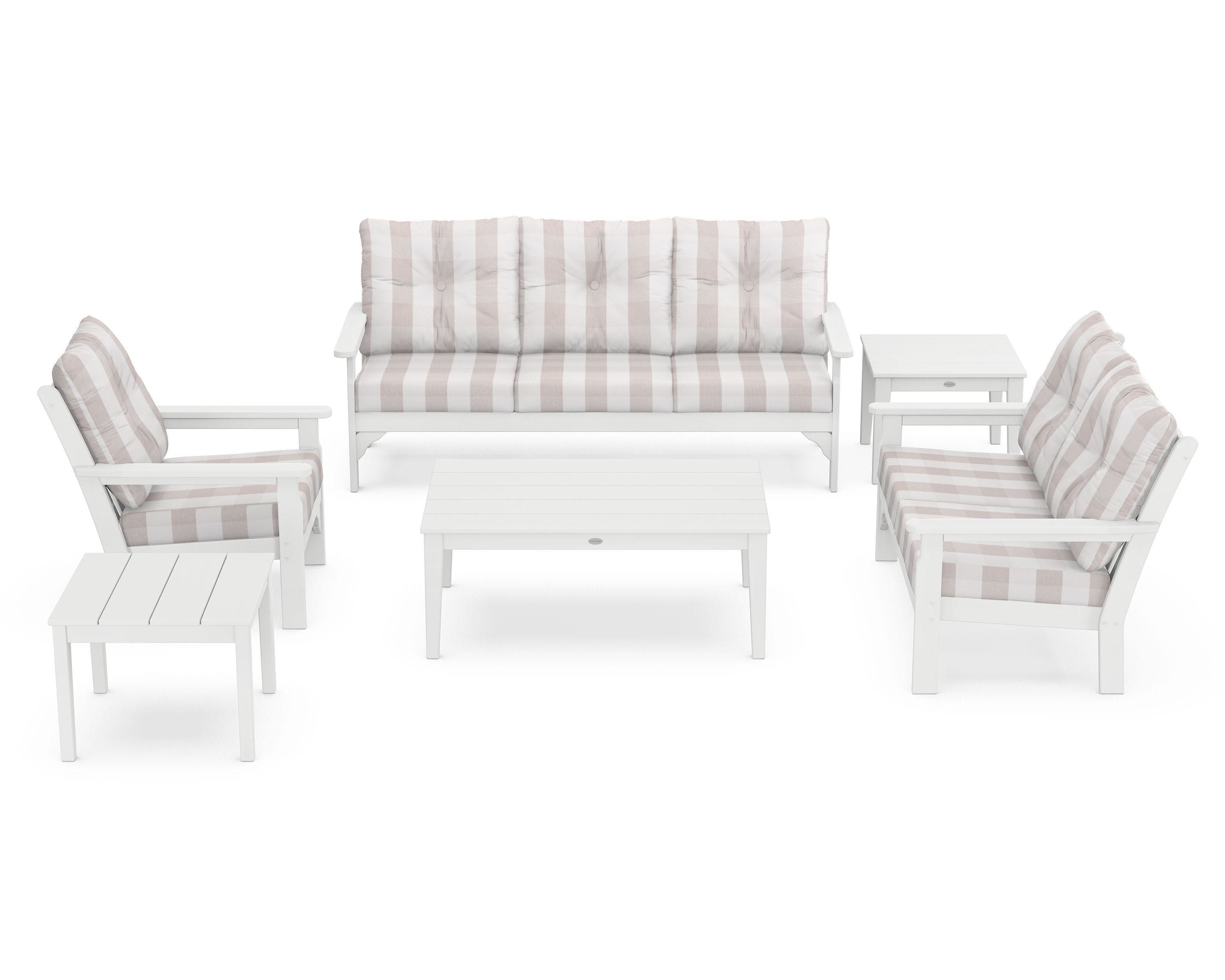 POLYWOOD® Vineyard 6-Piece Deep Seating Set in White / Buffalo Plaid Dune Burlap