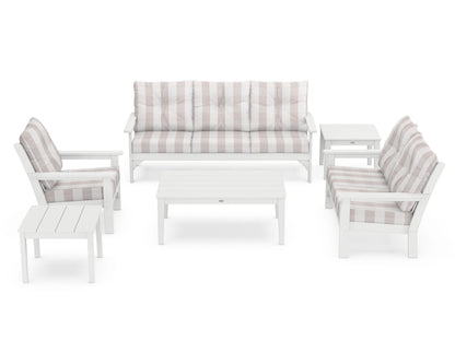 POLYWOOD® Vineyard 6-Piece Deep Seating Set in White / Buffalo Plaid Dune Burlap