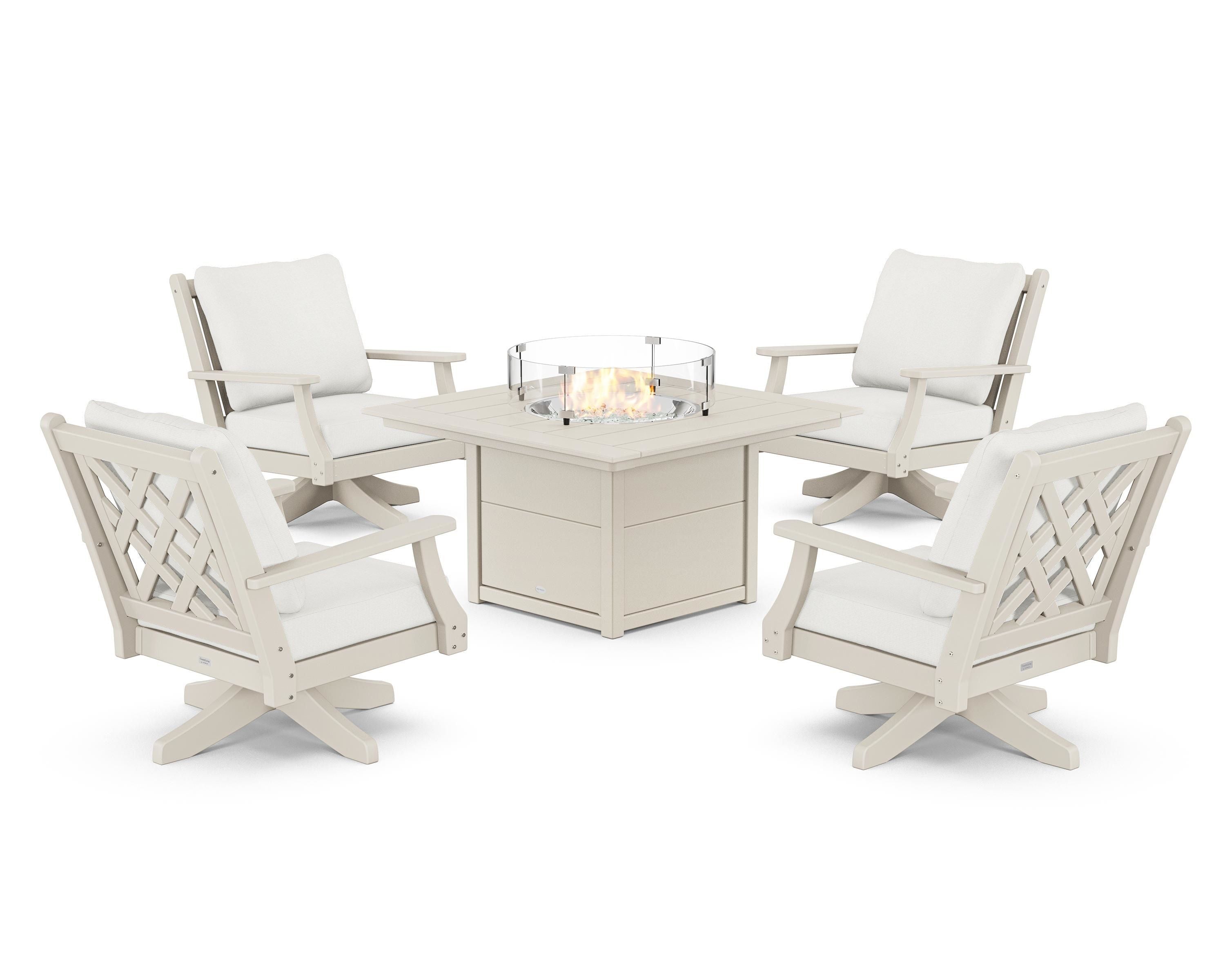 Country Living Wovendale 5-Piece Deep Seating Swivel Conversation Set with Fire Pit Table in Sand / Natural Linen