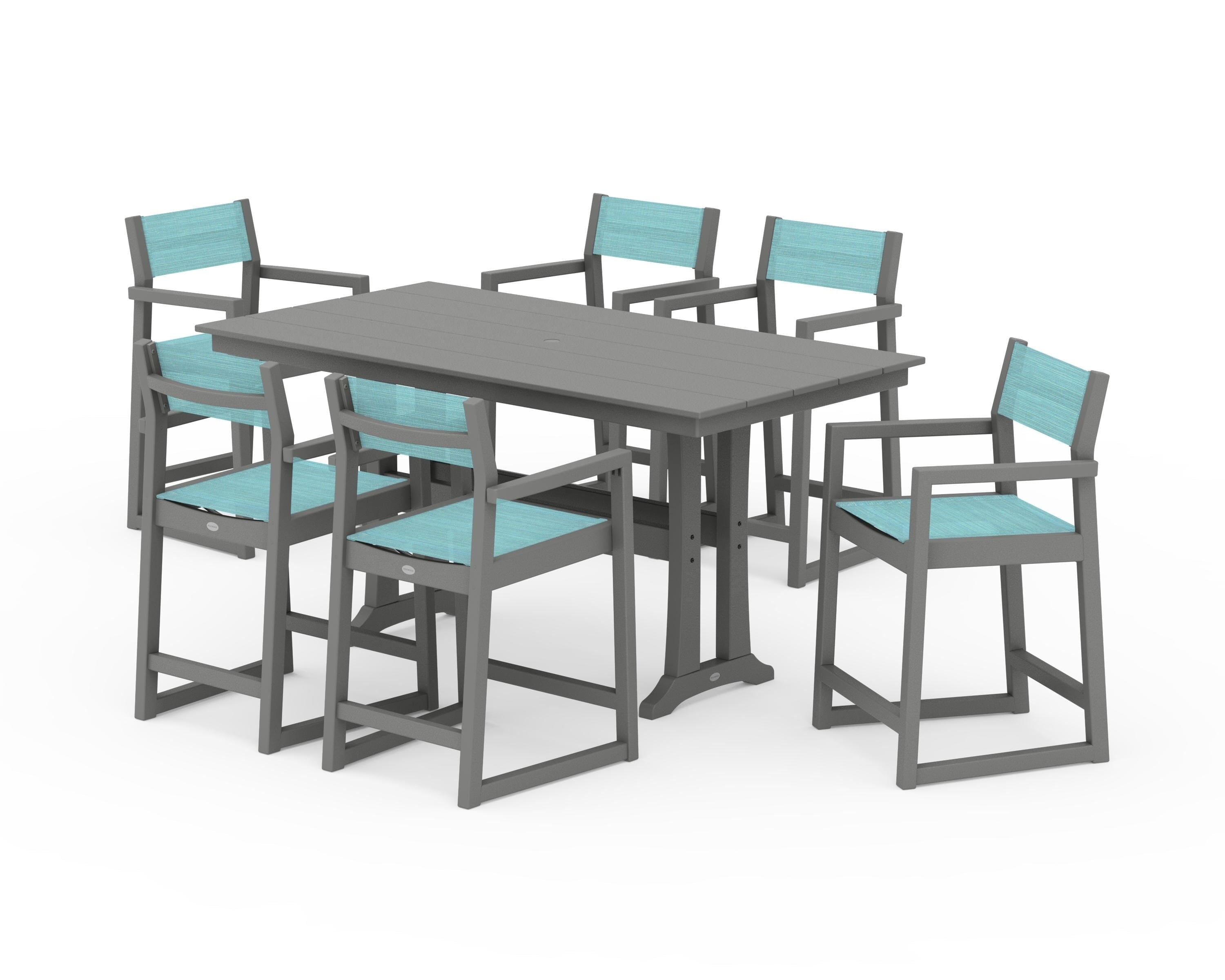 POLYWOOD® EDGE Sling Arm Chair 7-Piece Farmhouse Counter Set with Trestle Legs in Slate Grey / Dupioni Aquamarine Sling