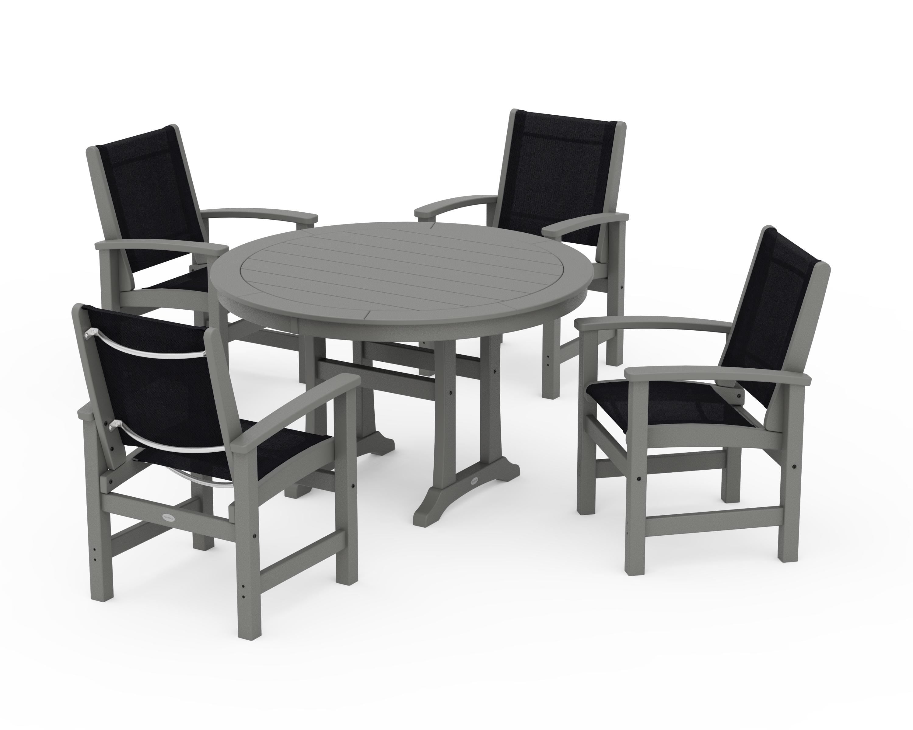 POLYWOOD® Coastal 5-Piece Round Dining Set with Trestle Legs in Slate Grey / Black Sling
