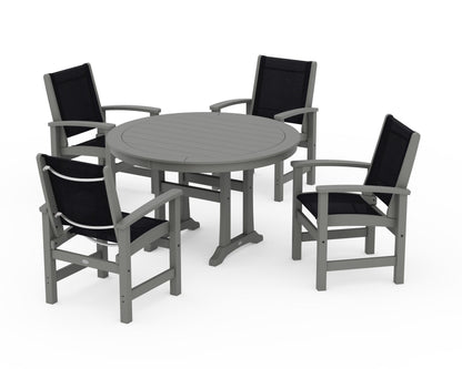 POLYWOOD® Coastal 5-Piece Round Dining Set with Trestle Legs in Slate Grey / Black Sling