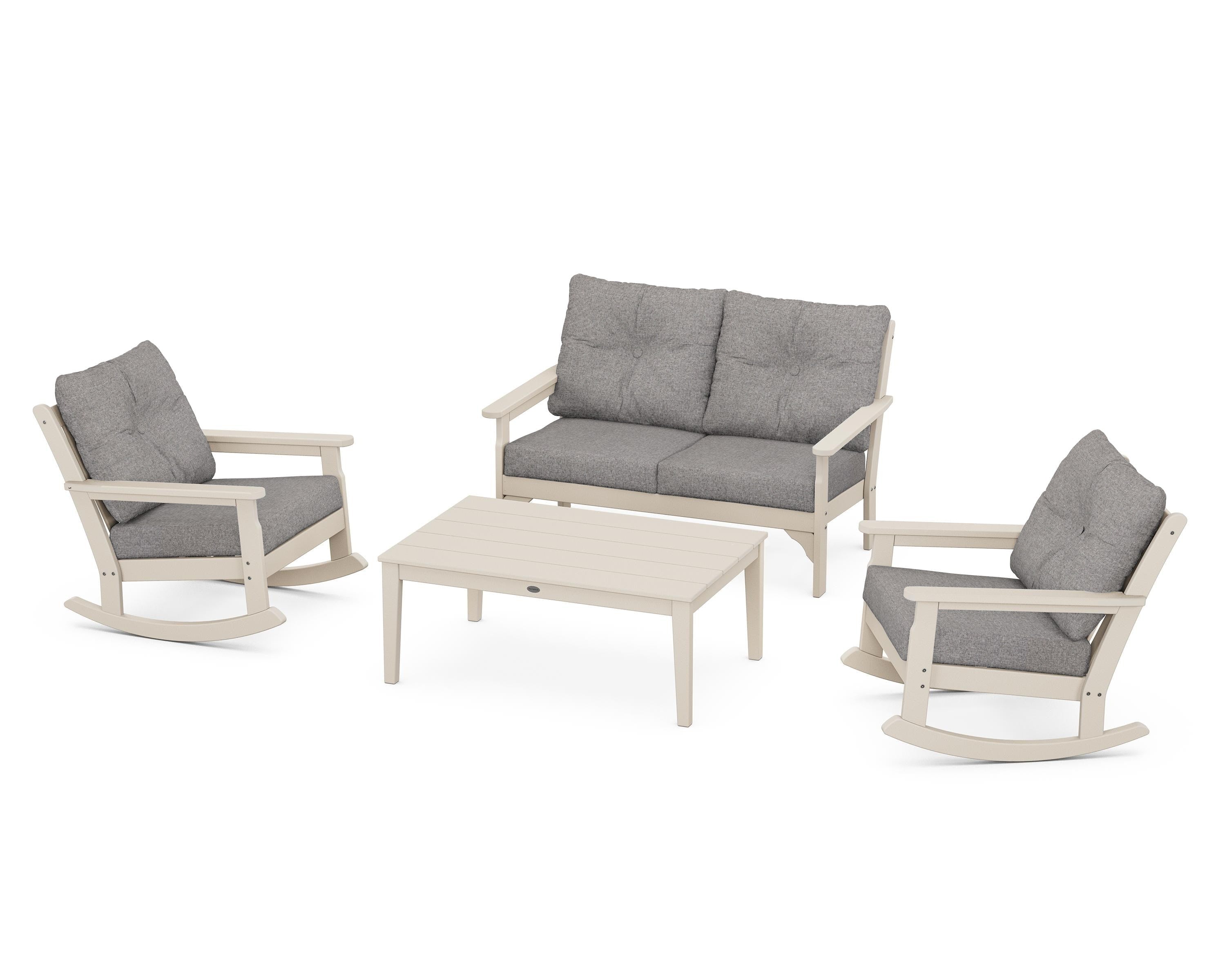 POLYWOOD® Vineyard 4-Piece Deep Seating Rocking Chair Set in Sand / Grey Mist
