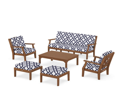 Martha Stewart by POLYWOOD® Chinoiserie 6-Piece Lounge Sofa Set in Teak / Trellis Navy