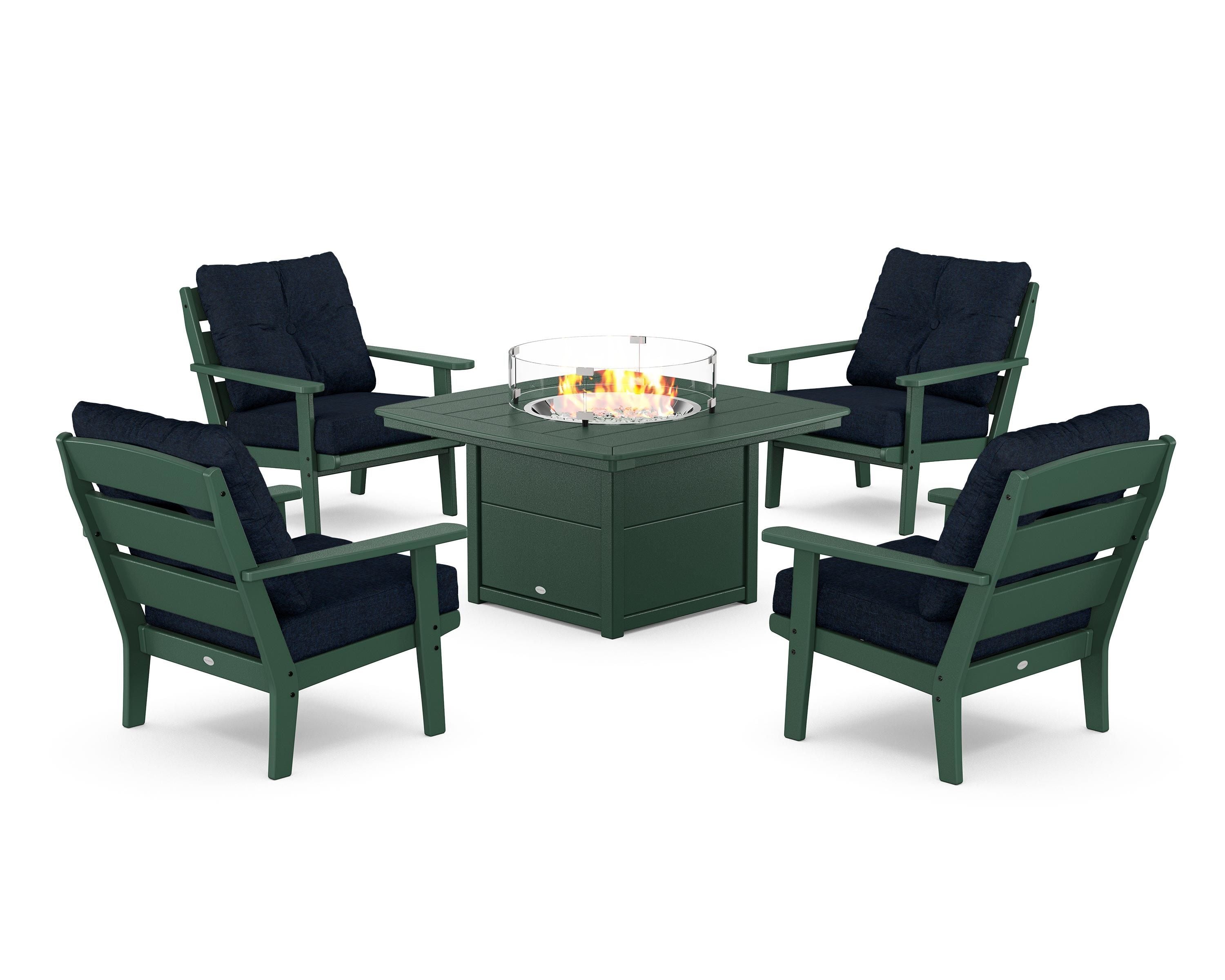 POLYWOOD® Lakeside 5-Piece Deep Seating Set with Nautical Fire Pit Table in Green / Marine Indigo