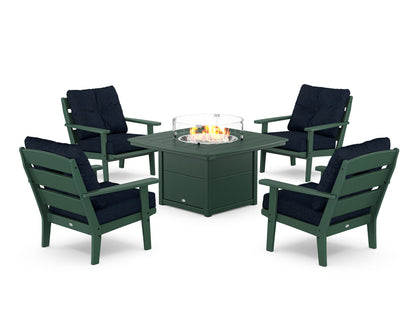 POLYWOOD® Lakeside 5-Piece Deep Seating Set with Nautical Fire Pit Table in Green / Marine Indigo