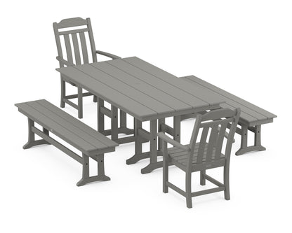 Country Living Cottage 5-Piece Farmhouse Dining Set with Benches in Slate Grey