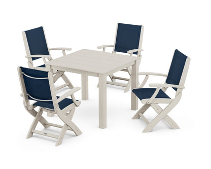 POLYWOOD® Coastal Folding Chair 5-Piece Parsons Dining Set in Sand / Navy Blue Sling