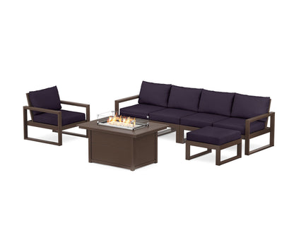 POLYWOOD® EDGE Sectional Lounge and Fire Pit Set in Mahogany / Navy Linen
