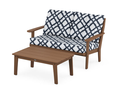 POLYWOOD® Lakeside 2-Piece Lounge Loveseat Set in Teak / Trellis Marine Indigo