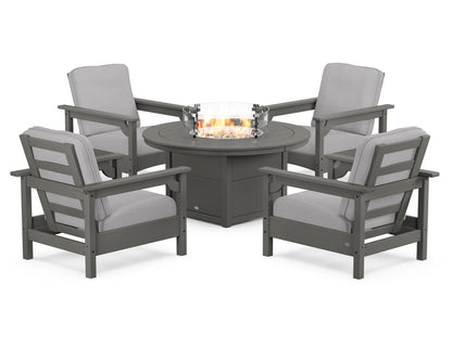 POLYWOOD® Club 5-Piece Conversation Set with Fire Pit Table in Slate Grey / Granite