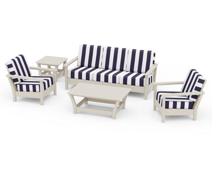 POLYWOOD® Harbour 5-Piece Deep Seating Set in Sand / Cabana Stripe Navy
