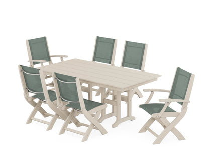 POLYWOOD® Coastal Folding Chair 7-Piece Farmhouse Dining Set in Sand / Dupioni Sea Mist Sling
