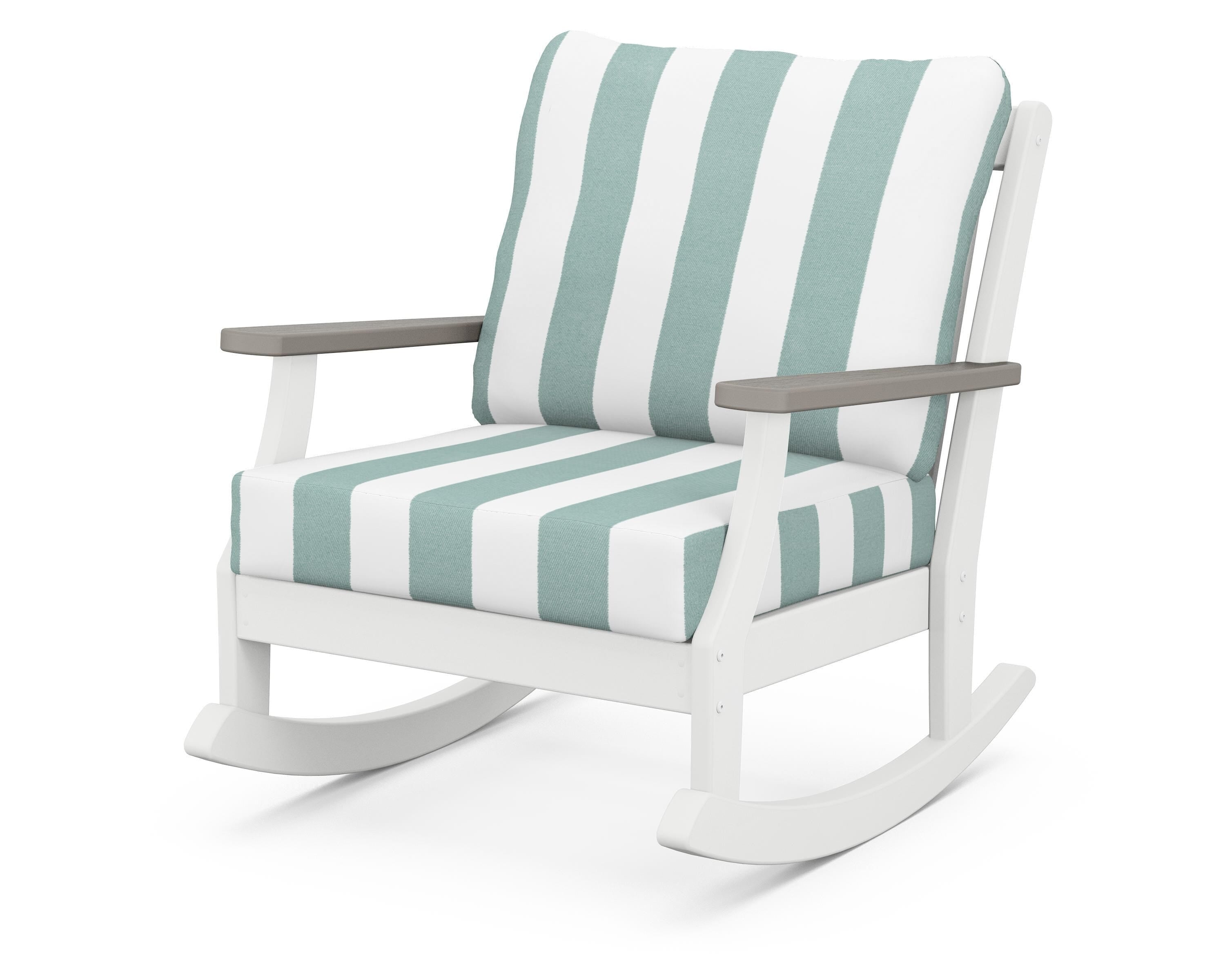 POLYWOOD® Braxton Deep Seating Rocking Chair in White / Driftwood / Cabana Stripe Glacier Spa