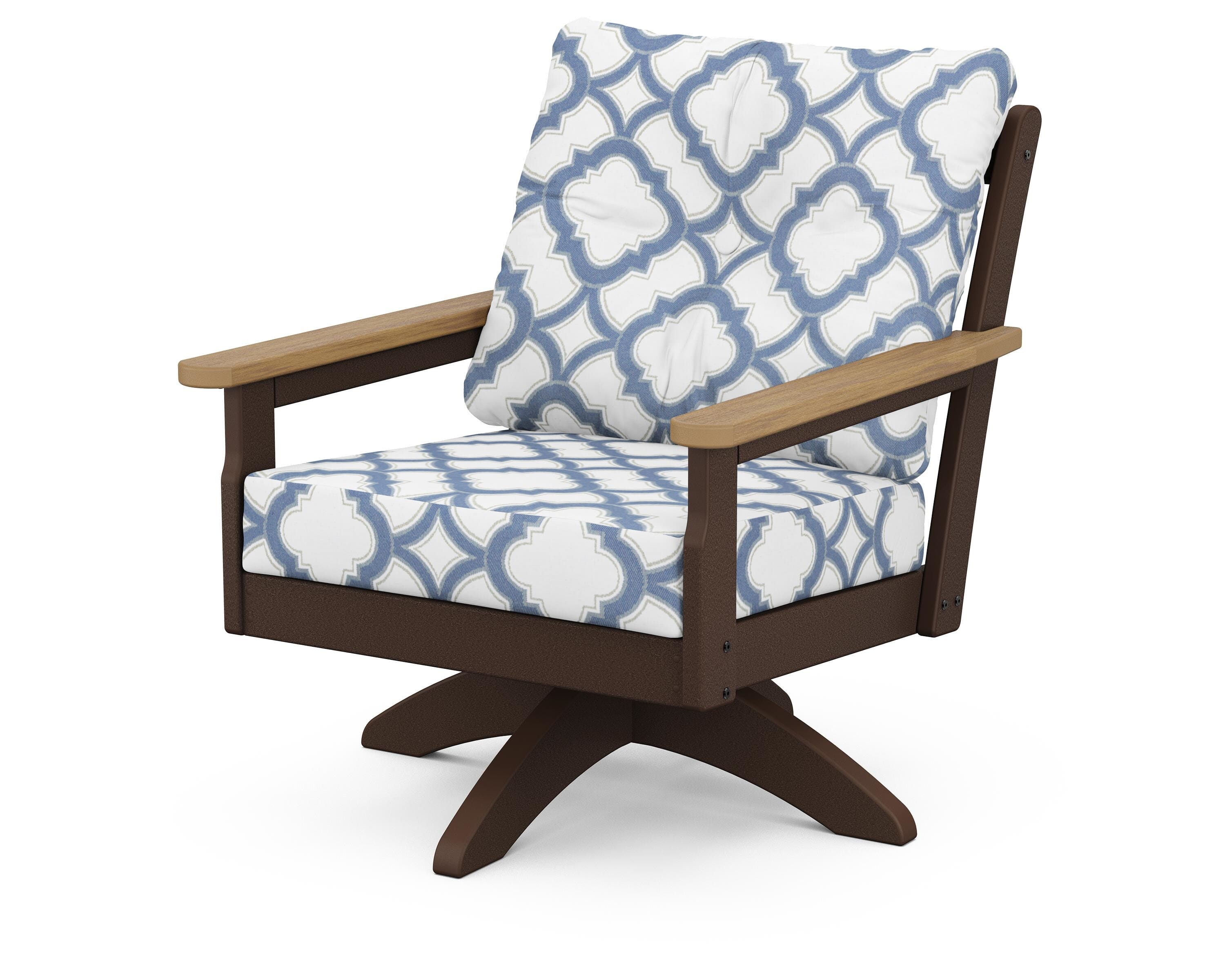 POLYWOOD® Vineyard Deep Seating Swivel Chair in Mahogany / Natural / Trellis Sky Blue