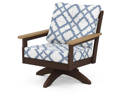 POLYWOOD® Vineyard Deep Seating Swivel Chair in Mahogany / Natural / Trellis Sky Blue