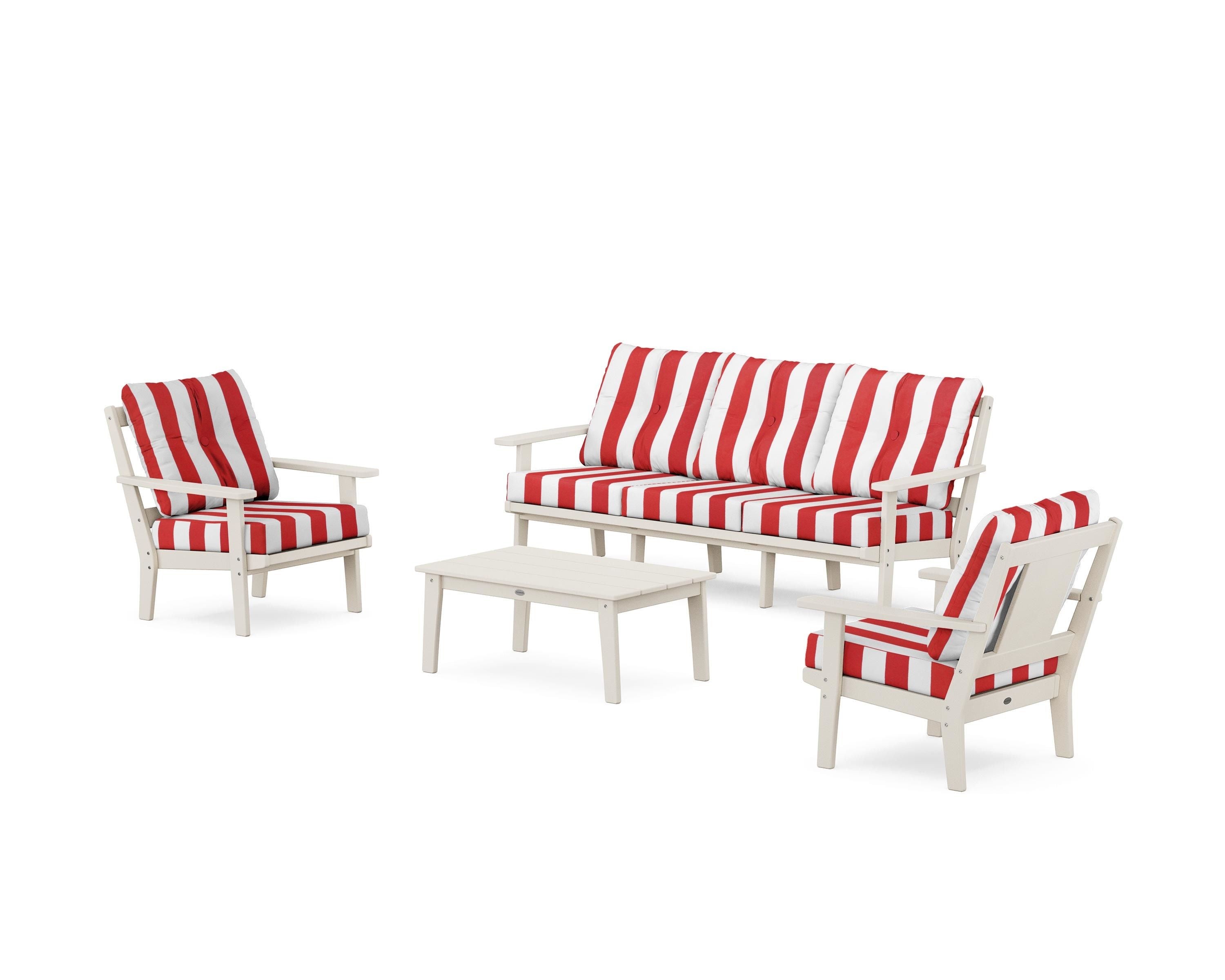 POLYWOOD® Prairie 4-Piece Deep Seating Set with Sofa in Sand / Cabana Stripe Crimson
